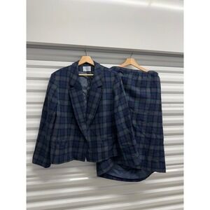 Pendleton Womens Baird Tartan Plaid Wool Skirt Suit Set Blue Green Vintage 44 38